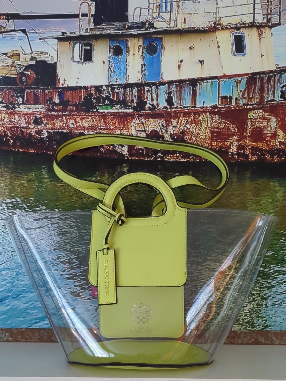 NWT Vince Camuto "Lena" Clear Small Tote W/ Shoulder Strap -Chartreuse Trim &Tag